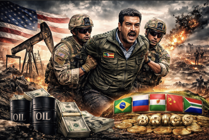 Soldados estadounidenses detienen a Nicolás Maduro en un escenario de guerra, con símbolos del petróleo, dólares y los BRICS al fondo.