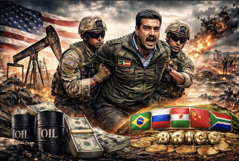 Soldados estadounidenses detienen a Nicolás Maduro en un escenario de guerra, con símbolos del petróleo, dólares y los BRICS al fondo.